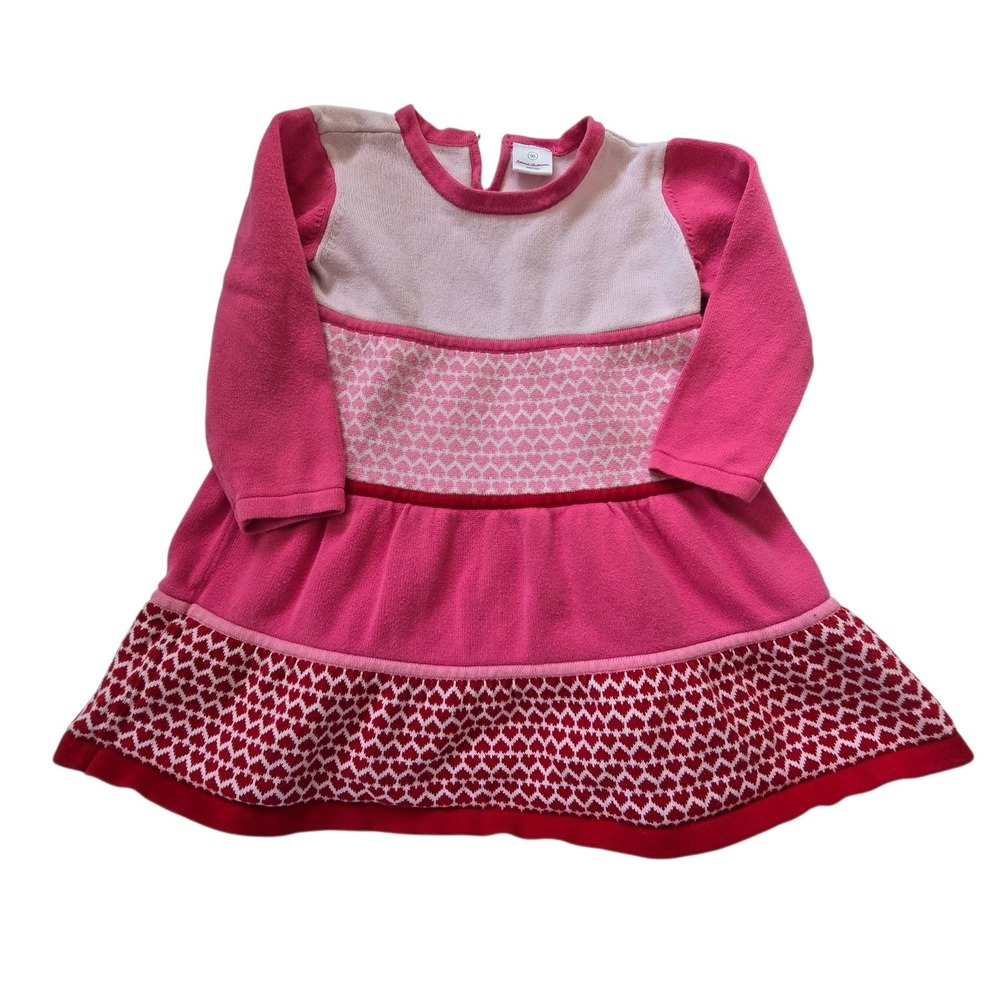 Hanna Andersson Pink Red Heart Cotton Tiered Sweater Dress Size 90 US 3 Toddler